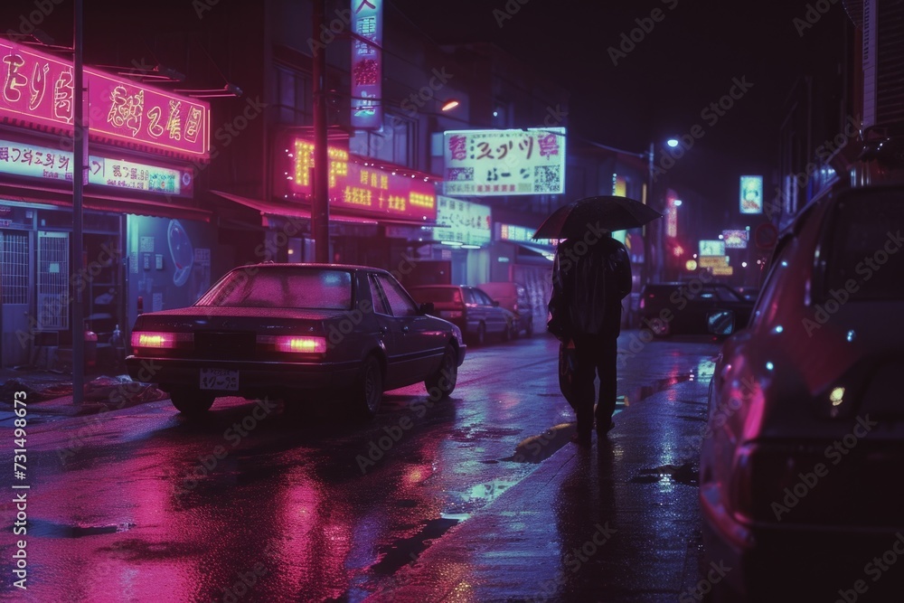 People walking on the street at night. 90s background 