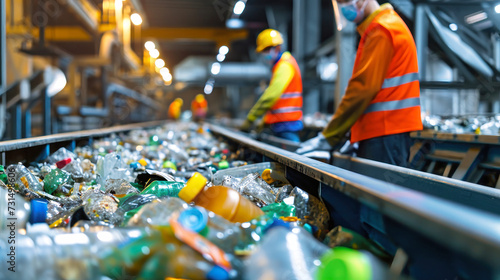 Two Men in Yellow Jackets and Orange Hats Sorting Plastic Bottles at a Garbage Processing Plant