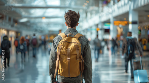 Back View of a man Traveler with Backpack Walking in the Airport Terminal 