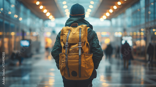Back View of a human Traveler with Backpack Walking in the Airport Terminal 