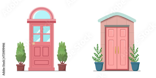 Pink front door with two pots with plants. Cartoon house illustration