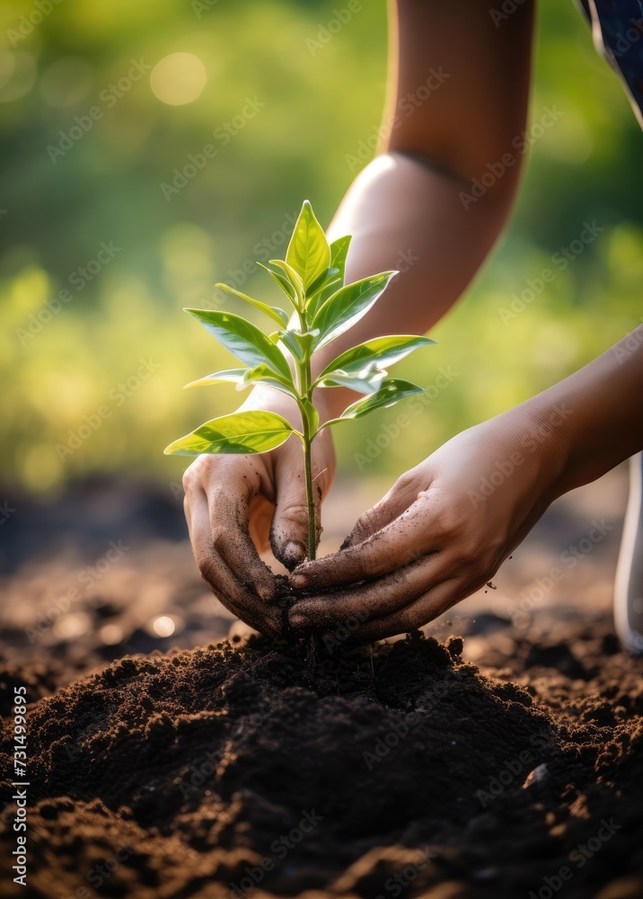 Human hands holding and caring young plant with soil. Earth day concept. - obrazy, fototapety, plakaty 