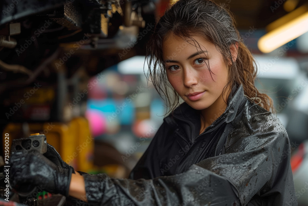 Confident Mechanic at Work in a Garage, A Study of Professional Women in Industrial Environments, AI Generative.