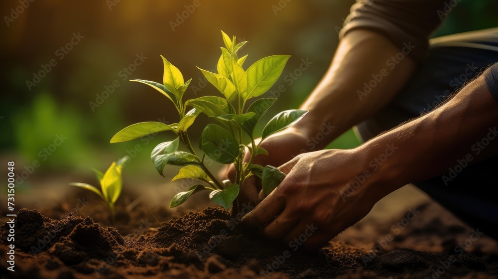Hands of young man planting tree on fertile soil in garden at morning time.