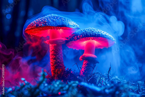 Close-up of magic mushrooms in blue-red-pink neon light.