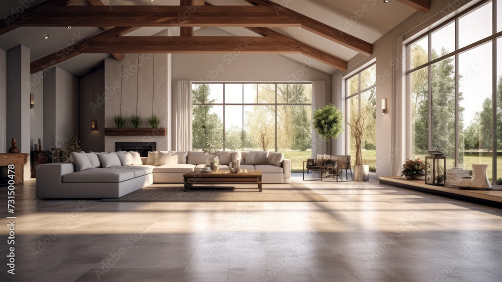 Elegant and spacious open concept interior rooms new construction with concrete floors designer decor wood beams on ceiling classic style Elegant and spacious open concept interior rooms new construction with concrete floors designer decor wood beams on ceiling classic style