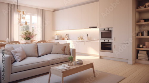 interior design spacious bright studio apartment in Scandinavian style and warm pastel white and beige colors. trendy furniture in the living area and modern details in the kitchen area