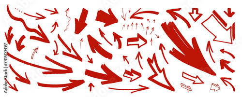 Red color arrow vector set. Sketch line hand-drawn arrow icons. vector ink pen direction signs. Rough sketchy hand drawn arrows for social media. Isolated doodle info graphic elements