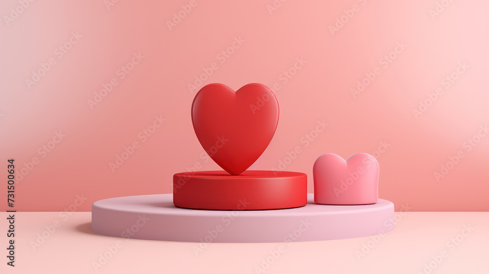 valentine background with pink, coral red realistic cylinder stand podium. Heart shape backdrop