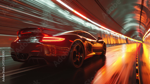 modern sports car drives quickly through an abstract light tunnel