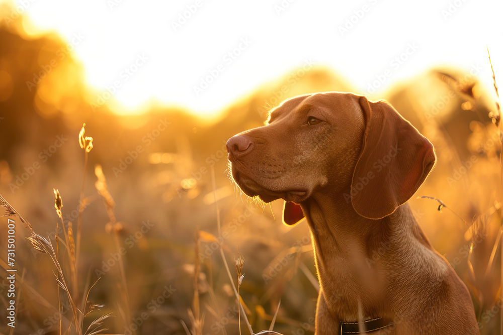 dog standing in a field of tall grass during golden hour, with warm sunlight dog standing in a field of tall grass during golden hour, with warm sunlight