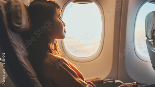 woman sitting in a seat in airplane and looking out the window going on a trip vacation travel concept