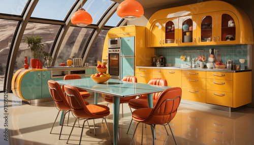 eccentric retro kitchen decoration interior with vibrant bright colors