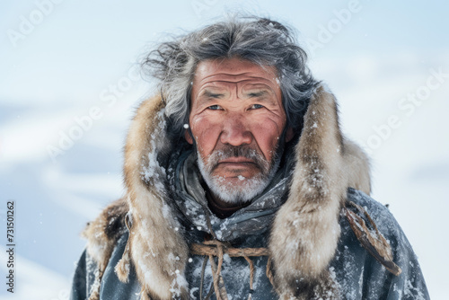 Inuit man standing in snowy landscape of Alaska
