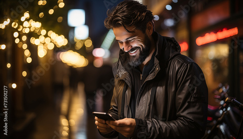a happy male using a smartphone on the street