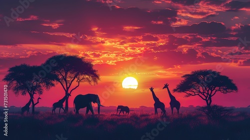 Silhouette of elephants and giraffes with sunset. Element of design.  © Thanthara