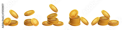 Game Coin Stack set 3d render isolated. Gold Money on white background. Coin with star for game reward and prize. Vector 3d illustration.
