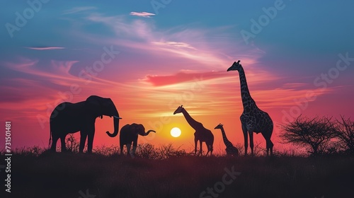 Silhouette of elephants and giraffes with sunset. Element of design.