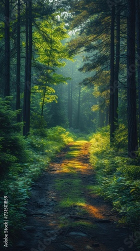 Enchanted Forest Pathway with Sunlight Filtering Through