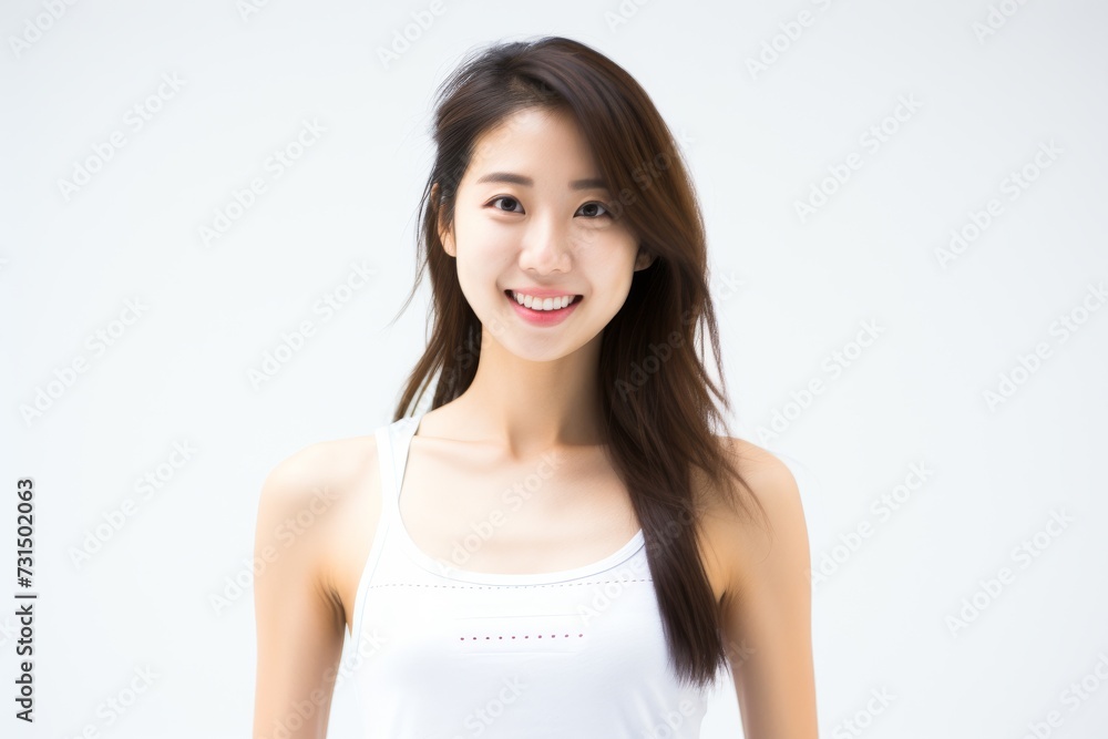 Adorable young girl clad in snug vest undergarments, showcasing her style against a pristine white background. Generative AI. Adorable young girl clad in snug vest undergarments, showcasing her style against a pristine white background. Generative AI.