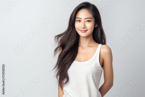 Adorable young girl clad in snug vest undergarments, showcasing her style against a pristine white background. Generative AI.