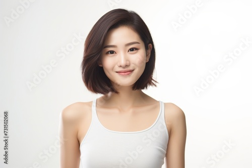 Adorable young girl clad in snug vest undergarments  showcasing her style against a pristine white background. Generative AI.