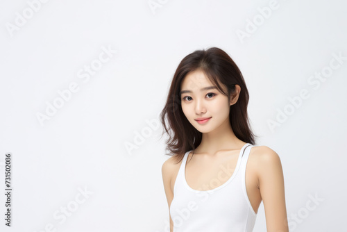Adorable young girl clad in snug vest undergarments, showcasing her style against a pristine white background. Generative AI.