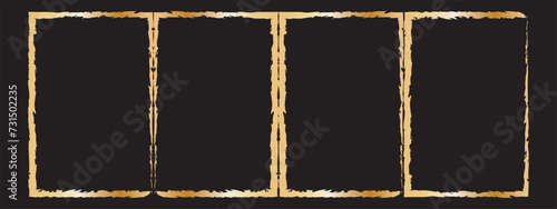 Set of rough gold grunge Japanese rectangular frames. Golden foil ink torn box. Vector isolated in black background. In eps10.