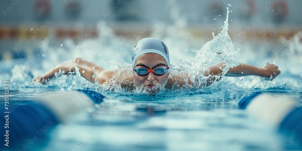 Workout, water splash or woman in swimming pool for competition training, fitness or energy. Sports, fast speed or cardio with female swimmer and athlete for exercise, championship and race at gala