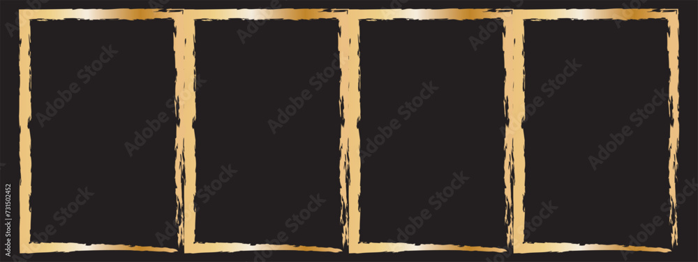 Set of rough gold grunge Japanese rectangular frames. Golden foil ink torn box. Vector isolated in black background. In eps10. Set of rough gold grunge Japanese rectangular frames. Golden foil ink torn box. Vector isolated in black background. In eps10.