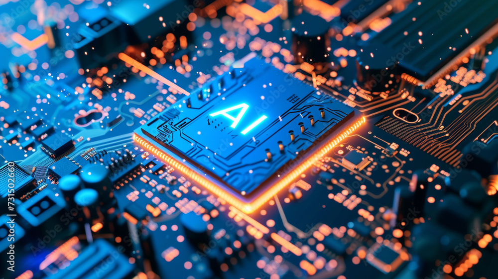 Illustration, top view of a complex modern technology computer motherboard with the text Illustration, top view of a complex modern technology computer motherboard with the text