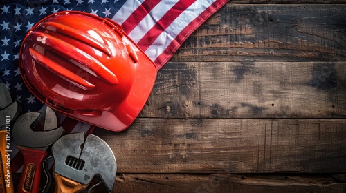 American flag with safety helmet and tools on wooden background. Labor day concept