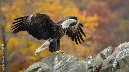 An adult bald eagle Haliaeetus leucocephalus taking flight from a rock