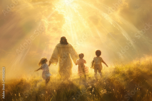 Jesus christ and happy children in heaven light