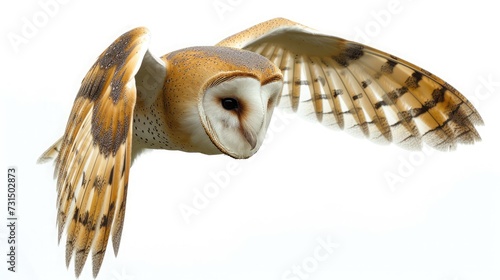 Barn Owl, Tyto alba, portrait flying against white background