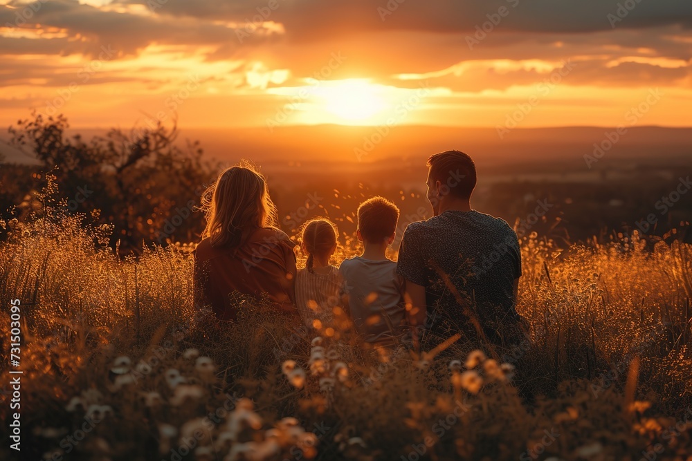 A captivating scene of a family (mother, father, son, and daughter) bonding in the beauty of nature at sunset A captivating scene of a family (mother, father, son, and daughter) bonding in the beauty of nature at sunset