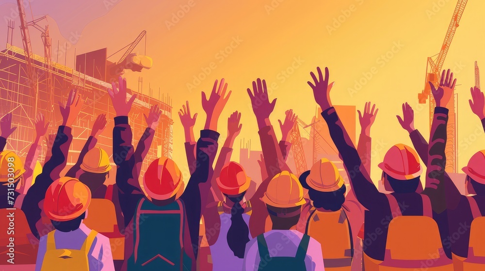 construction workers raise their hands in the air labor day construction workers raise their hands in the air labor day