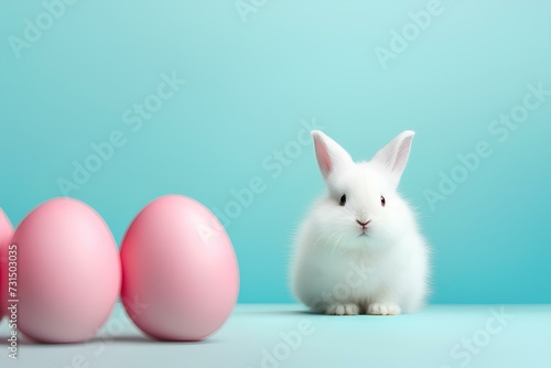Easter bunny rabbit with sweet color egg on pastel background  with copyspace  Easter holiday concept