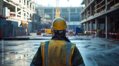 Construction worker in front of work site