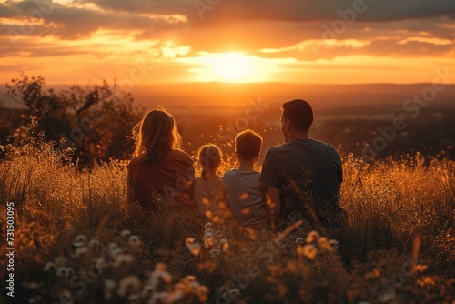 A captivating scene of a family (mother, father, son, and daughter) bonding in the beauty of nature at sunset