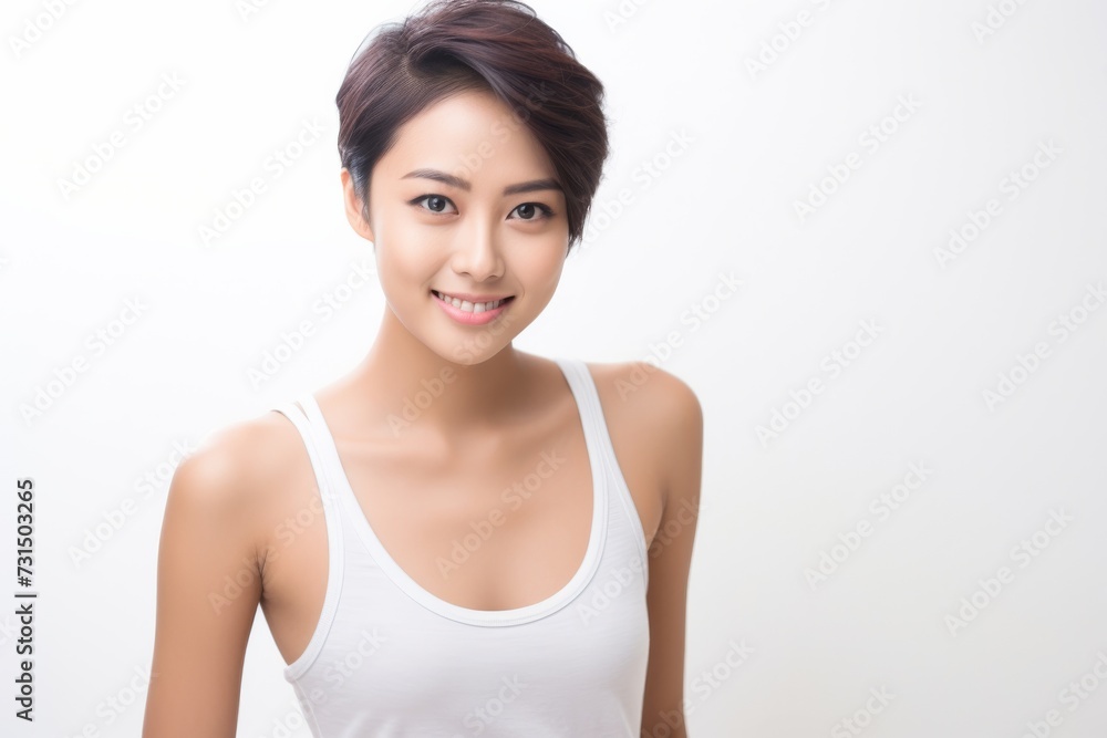 Sweet little girl donning comfy vest lingerie, posing with confidence on a clean white surface. Generative AI. Sweet little girl donning comfy vest lingerie, posing with confidence on a clean white surface. Generative AI.