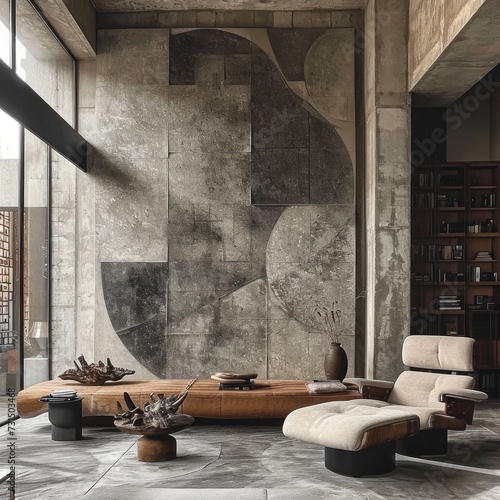 Living room with artistic marble walls featuring geometric shapes art and vivid textures, great for architecture, inspiration, decoration, art, residential comfort. Generative Ai