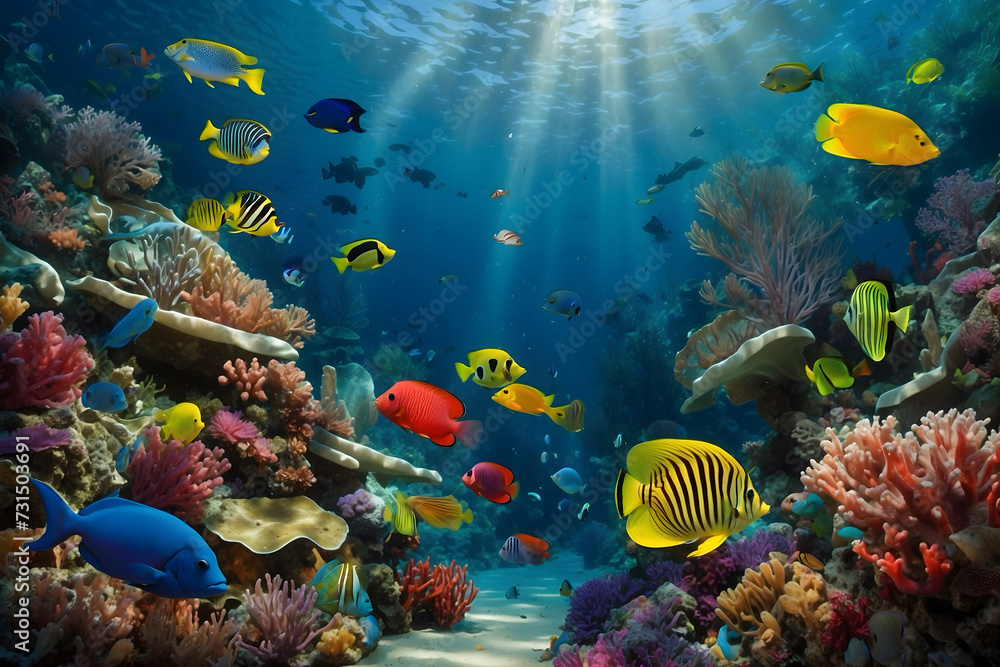 Naklejka premium The symphony of underwater coral reefs and colorful fishes