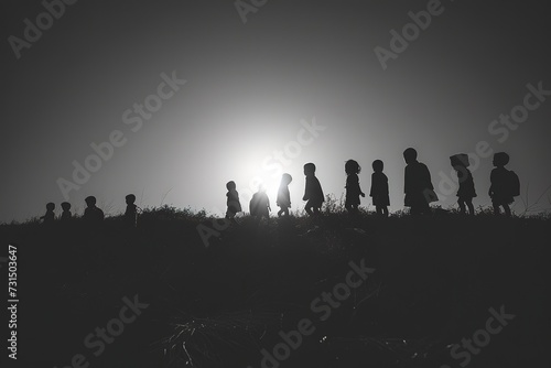 A poignant silhouette of refugee children grouped together, looking towards the horizon