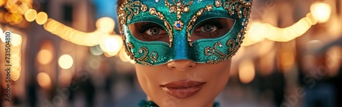 Portrait of beautiful woman with mask on the background of Christmas lights. Banner. © Hryhor Denys