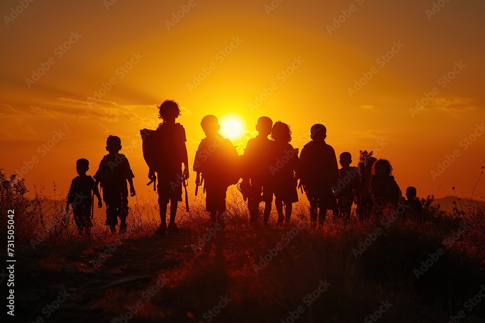 The silhouette of a back-facing group of refugee kids, against the backdrop of a setting sun
