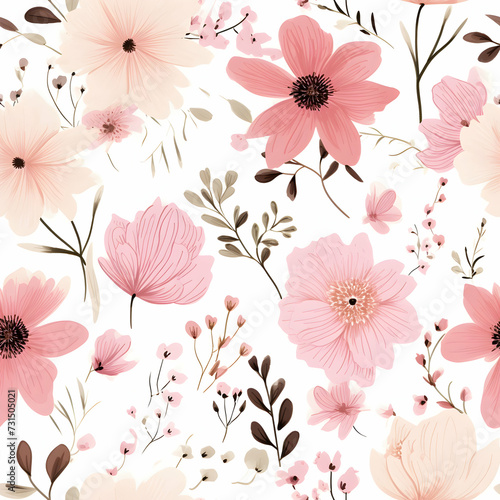 Bloomin flowers seamless pattern, pink pattern on white background