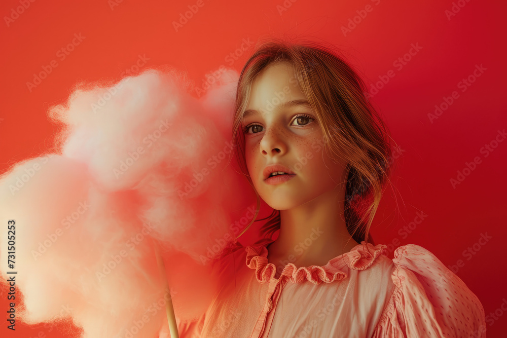 Portrait of a beautiful girl with cotton candy on a red background. Copy space
