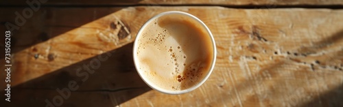 Coffee in a paper cup on a wooden table, top view. Banner.