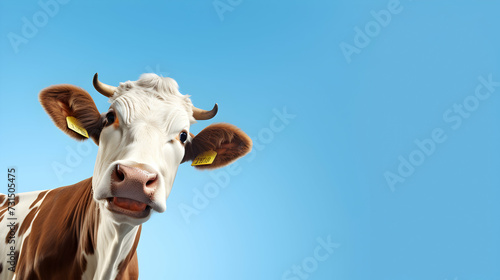 Milk cow gazing ahead on isolated blue background, ad space, clear blue sky, advertising room